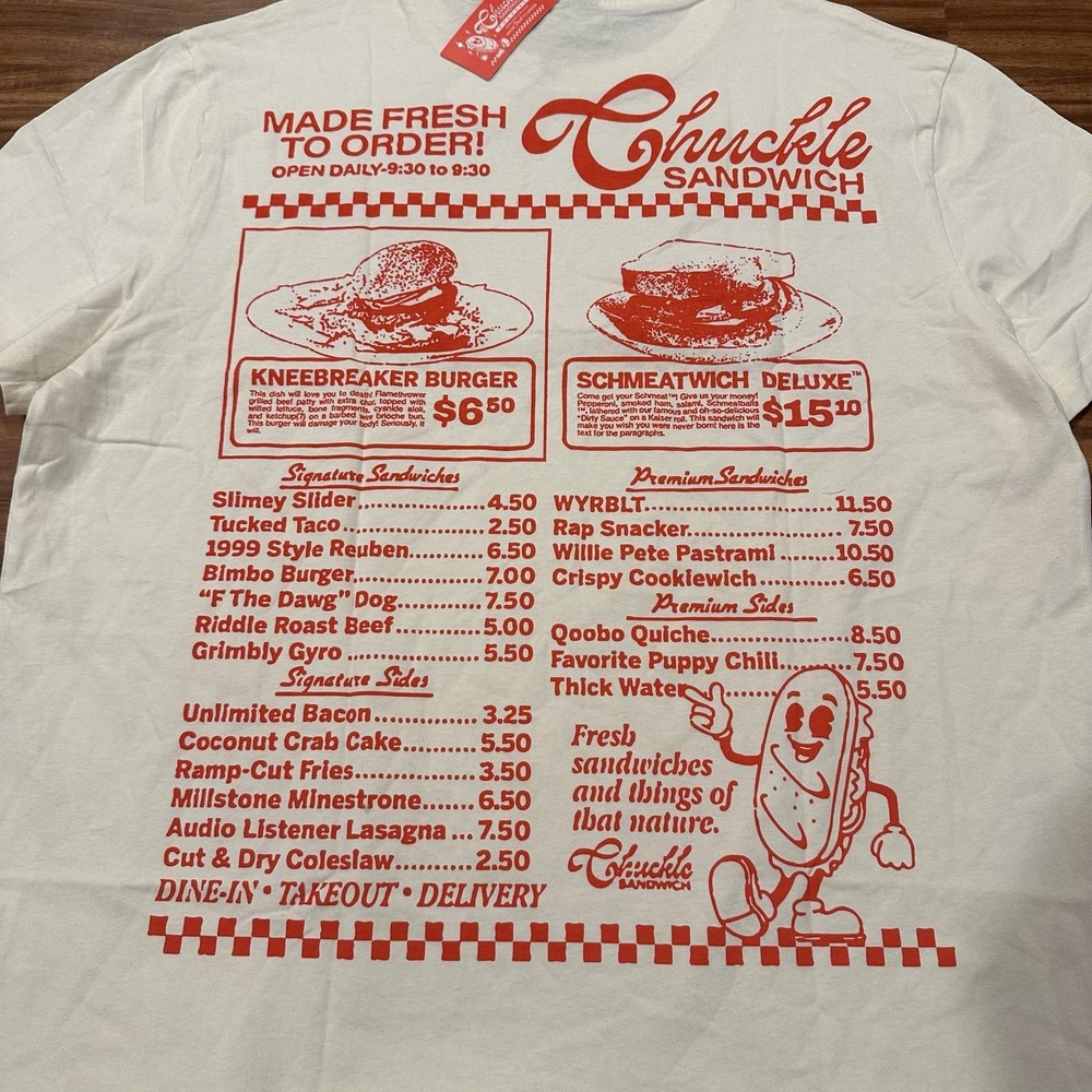 Chuckle Sandwich Shirt Mens 2XL White Menu Graphic Tee Podcast Food Burger - Picture 2 of 10